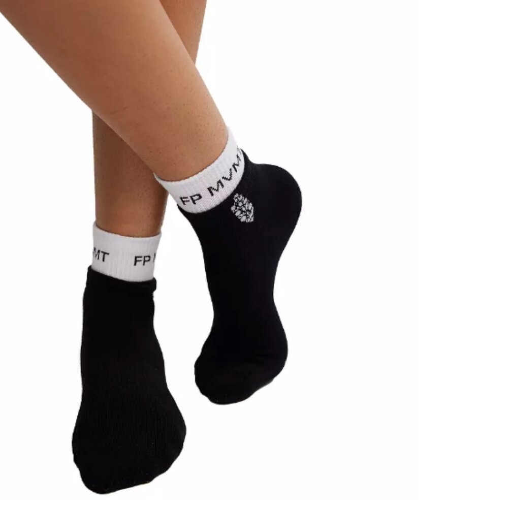 Free People Movement Quarter Crew Court Socks Black with White Buti Logo NWT